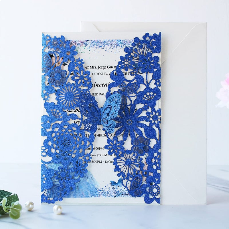 Hosmsua 50PCS Royal Blue Butterfly QuinceaÃ±era Invitation and Envelope 5.12 x 7.3 Inch Laser Cut Lace Flora Quinceanera Invitation for Bridal Shower Wedding invite (Royal Blue Glitter) - Image 4
